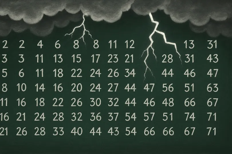 Chalkboard of primes with thunderclouds